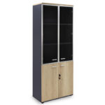 Bookcase Lotus with four doors by glass and wood in oak - dark grey color 80x40x200cm