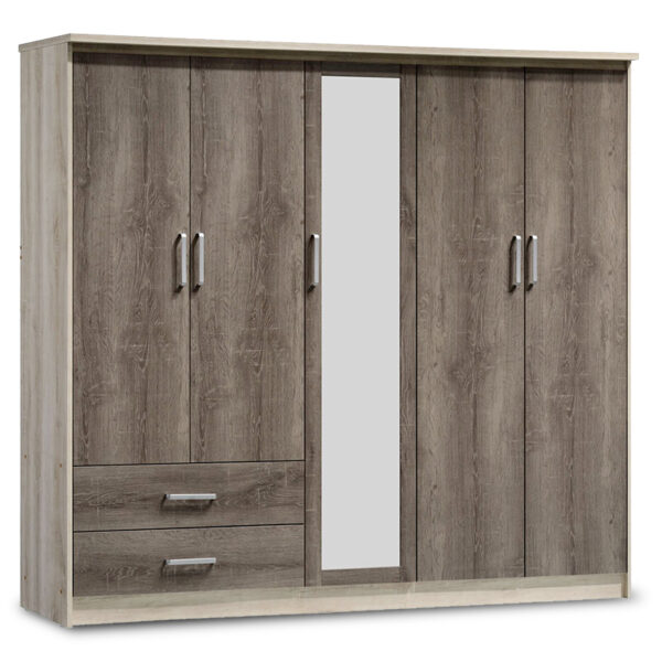 Wardrobe Olympus with 5 doors and drawers+mirror in castillo-toro colour 198x57x183