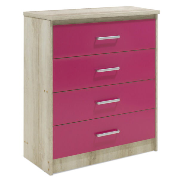 Children's chest of 4 Drawer Looney in castillo-pink colour 80x40x95