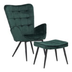 Armchair with footstool Dorita velvet cypress-leg black metal 68.5x76x103cm