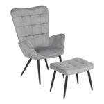 Armchair with footstool Dorita velvet light gray-leg black metal 68.5x76x103cm - Image 2