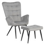Armchair with footstool Dorita velvet light gray-leg black metal 68.5x76x103cm
