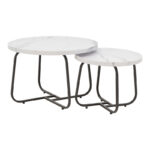 Crismory coffee table set of 2 MDF in white marble shade and black metal legs