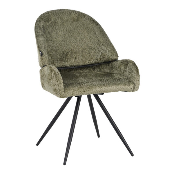 Morea rotating chair bouclé in olive green color with black metallic legs 55x63.5x89.5cm