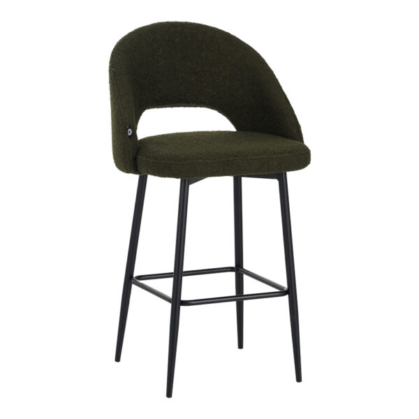 Masebo bar stool bouclé in olive green color with black metallic legs 48x52x97cm