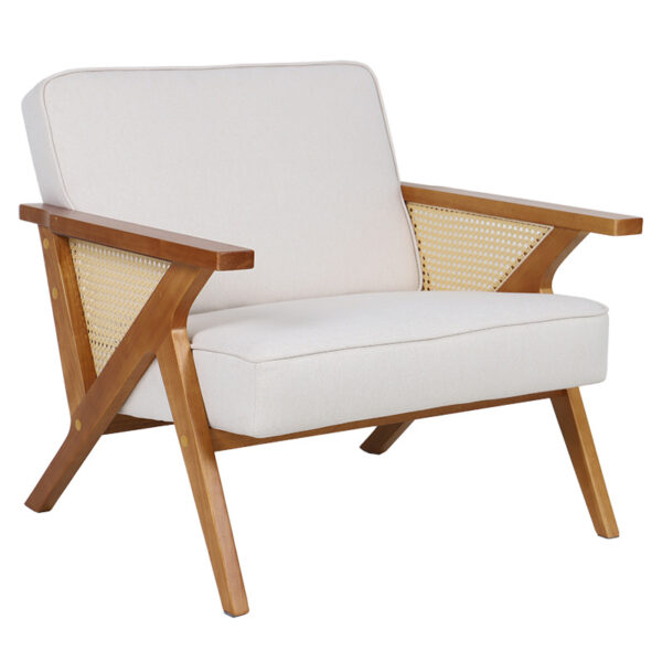 Armchair Claudia fabric beige-pvc rattan-rubberwood natural