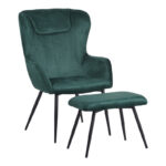 Armchair with footstool Rueda velvet in dark green shade with black metal legs 71.5x66.5x99cm