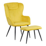 Armchair with footstool Rueda velvet in yellow shade with black metal legs 71.5x66.5x99cm