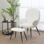 Armchair with footstool Qarar boucle fabric in white shade with black metal legs 67.5x67.5x106cm - Слика 2