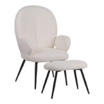 Armchair with footstool Qarar boucle fabric in white shade with black metal legs 67.5x67.5x106cm