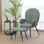 Armchair with footstool Qarar boucle fabric in light green shade with black metal legs 67.5x67.5x106cm - Image 2