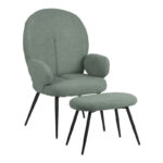 Фотелја со табуретка од ткаенина „Карар“ во светло зелена нијанса со црни метални ногарки 67,5x67,5x106 см