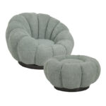 Nester swivel armchair with stool boucle fabric in light green color 98x97x69cm