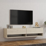 Melosa wall-mounted TV cabinet in traverten 141x30x31cm - Image 2