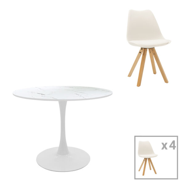 Balou I-Caron dining table set of 5 MDF and pp in white-natural shade Φ120x75cm