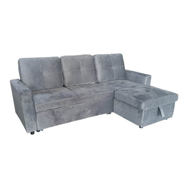 Reversible corner sofa-bed with storage space Felia velvet fabric in gray color 216x134x88cm