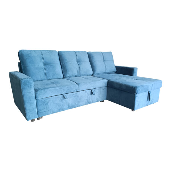 Reversible corner sofa-bed with storage space Felia velvet fabric in blue color 225x148x81cm