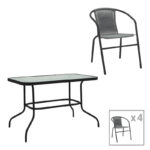Dining table Valor-Obbi set of 5 pieces metal black-glass-pe gray 110x60x70cm