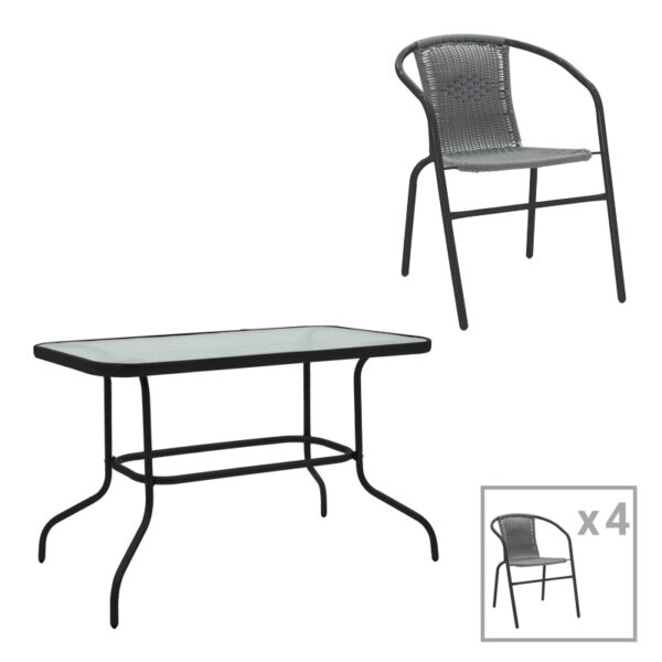 Dining table Valor-Obbi set of 5 pieces metal black-glass-pe gray 110x60x70cm