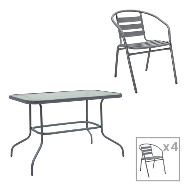 Dining table Valor-Tade set of 5 pieces anthracite metal-glass 110x60x70cm