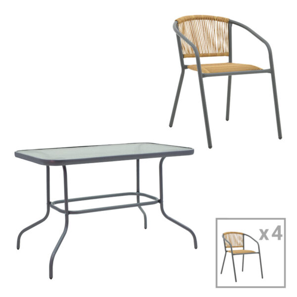 Dining table Valor-Lindaria set of 5 pieces anthracite metal-glass-pe rattan in natural shade 110x60x70cm