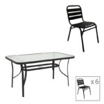 Dining table Sussie-Ensure 7pcs metal-glass in black color 140x80x70cm