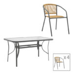 Dining table Ensure-Lindaria set of 5 pieces metal in anthracite and pe rattan in natural shade 120x70x70cm