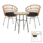Dining table Felicia-Gaus set of 3 pe rattan in natural shade-black metal Φ60x74cm