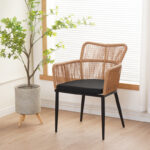 Naoki Pakoworld Armchair pe rattan -metal in Natural Finish with Black Legs/Cushion 59x62.5x78cm - Слика 2
