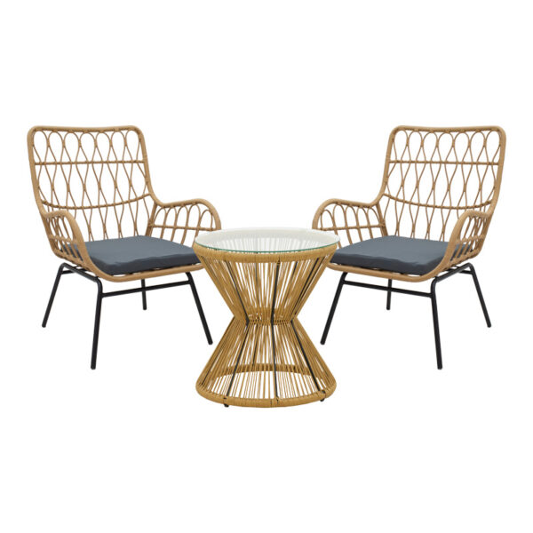 Living room se4t Naoki-Mabil set of 3 pe rattan in natural color and black metal