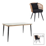 Naoki dining table set 7 pcs metal black-pe natural-glass 160x90x78cm