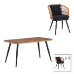 Naoki dining table set of 5 pieces glass-pe rattan in natural shade with black legs 140x80x78cm