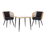 Naoki dining table set of 3 pcs metal black-pe natural-glass 80x80x78cm