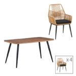 Naoki-Tanish dining set 5 pcs glass-pe rattan in natural shade with black legs 140x80x78cm