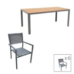 Комплет трпезариски маси Nares-Moly од 7 антрацит алуминиум и природна иверица 180x90x72.5 см