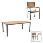 Dining table Nares-Vitality set of 7 anthracite aluminum and plywood in natural color 180x90x72.5cm