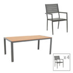 Dining table Nares-Uplift set of 5 anthracite aluminum and plywood in natural-grey color 180x90x72.5cm