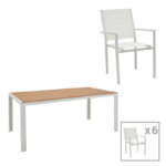 Dining table Zacreta-Nares set of 7 white aluminum and plywood in natural color 180x90x72.5cm