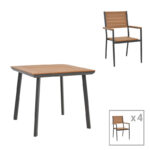 Dining table Synergy-Vitality set of 5 anthracite aluminum and plywood in natural color 80x80x74cm