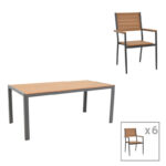 Dining table Nares-Vitality B set of 7 anthracite aluminum and plywood in natural color 180x90x72.5cm