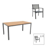 Dining table Nares-Moly A set of 5 anthracite-black aluminum and plywood in natural color 140x80x72.5cm