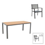 Dining table Nares-Moly B set of 7 anthracite-black aluminum and plywood in natural color 140x80x72.5cm