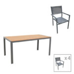 Dining table Nares-Moly C set of 5 anthracite aluminum and textilene with plywood in natural color 180x90x72.5cm