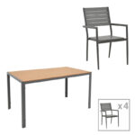 Dining table Nares-Uplift set of 5 anthracite aluminum and plywood in natural color 140x80x72.5cm