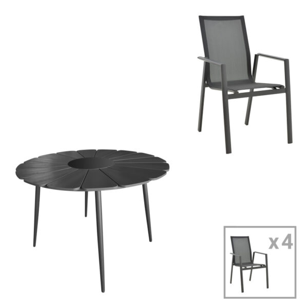 Pinap-Dashiell dining table set of 5 pcs black aluminum and plywood in black shade Φ110x74cm