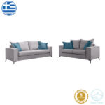 Verona 2 pieces sofa set light grey fabric with blue-colored cushions