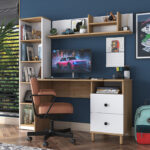 Work desk-shelf unit Goldie white-natural 160x50x161.8cm - Image 2
