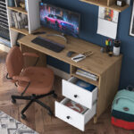 Work desk-shelf unit Goldie white-natural 160x50x161.8cm - Image 3