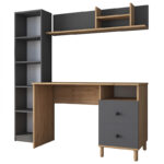 Work desk-shelf unit Goldie anthracite-natural 160x50x161.8cm