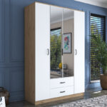 4 Doors wardrobe with mirror Rersin white walnut melamine 140x51.5x210cm - Image 2